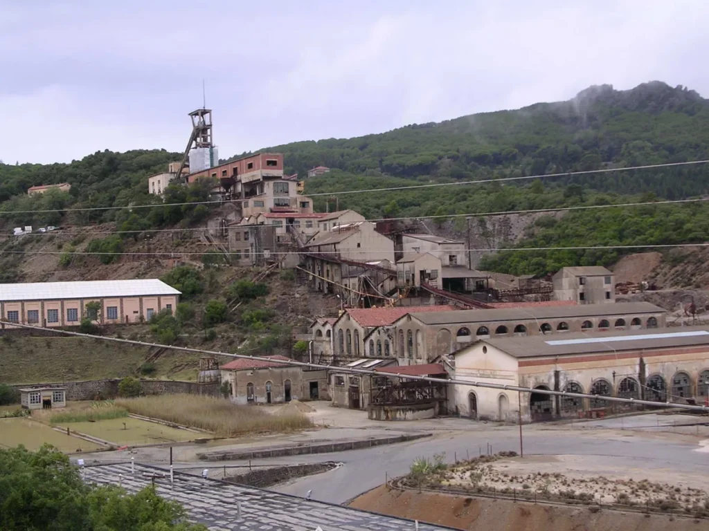 The buildings and headframe of the Montevecchio mine