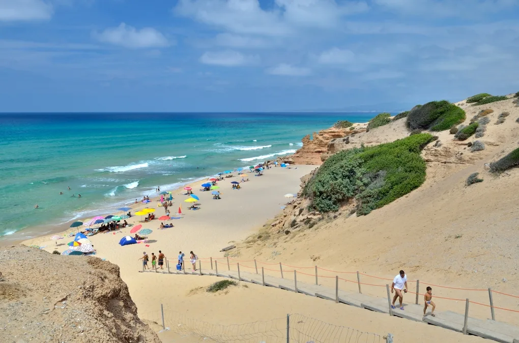 The wooden stairway down through the dune to Scivu beach, Arbus